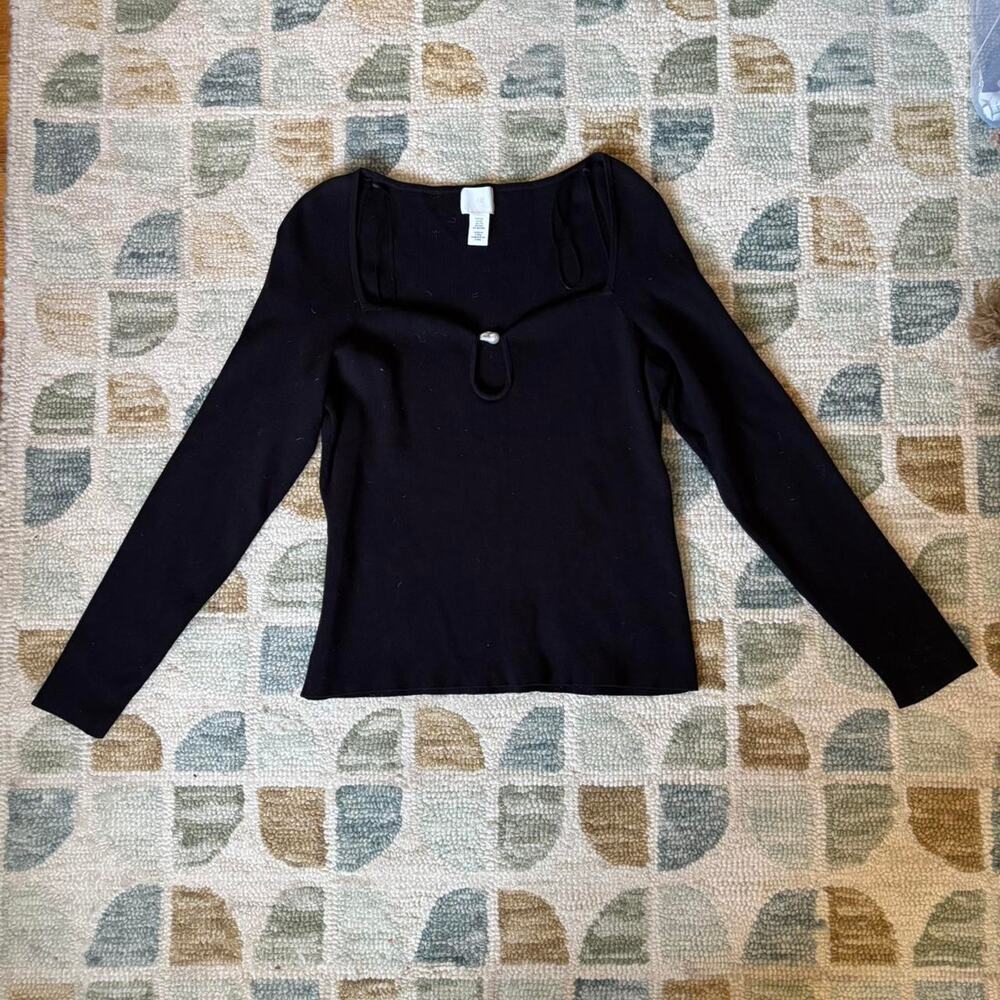 Black Long Sleeve Square Neckline Minimalist H&M Top with Pearl Detail XXL